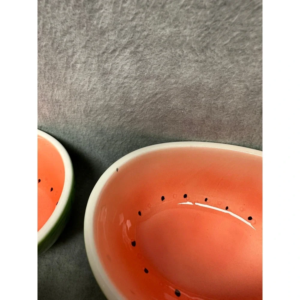Vintage Watermelon Ceramic Bowls Green Pink Set of 4 Oval Fruit‎ Design Japan